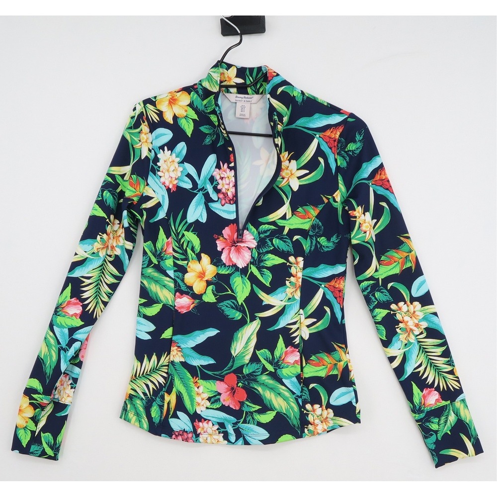 Tommy Bahama Racquet & Paddle Navy Tropical Floral Quarter Zip Pullover Womens S